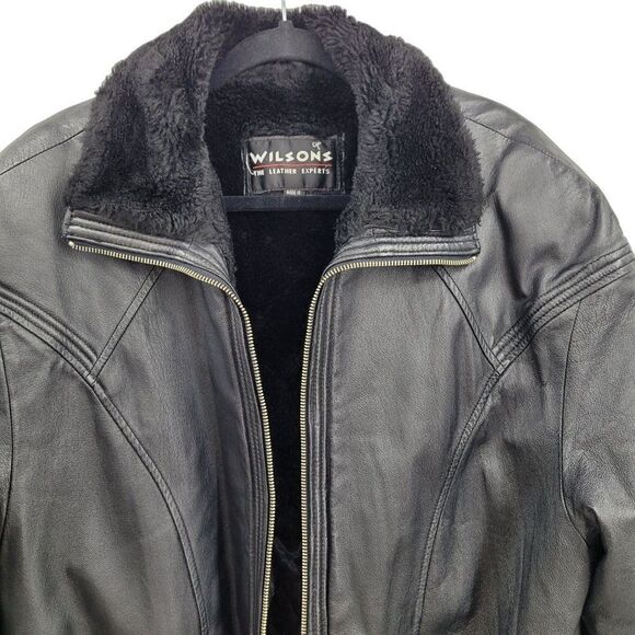Vintage 80s Wilsons Leather Bomber Flight Jacket L Black Sherpa Trim Belted Zip - Picture 5 of 16